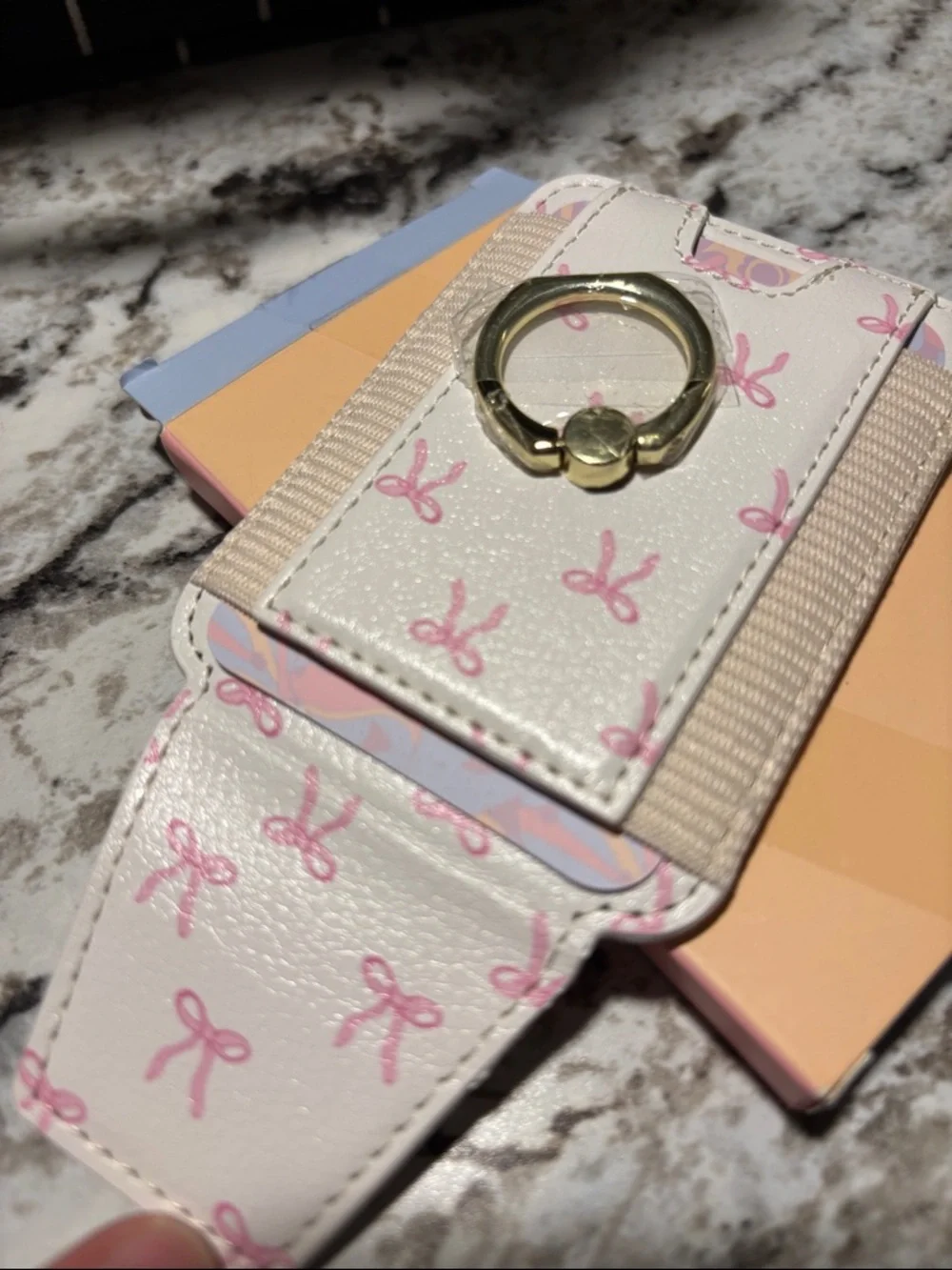 White Pink Bow Card Wallet with a phone Girp